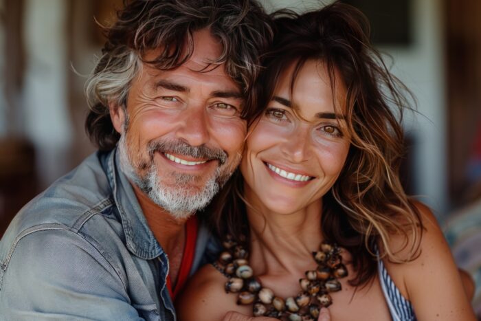 Coppia sorridente che si incontra in un'agenzia matrimoniale seria, Completiamoci Italia. Incontri per single veri no algoritmi