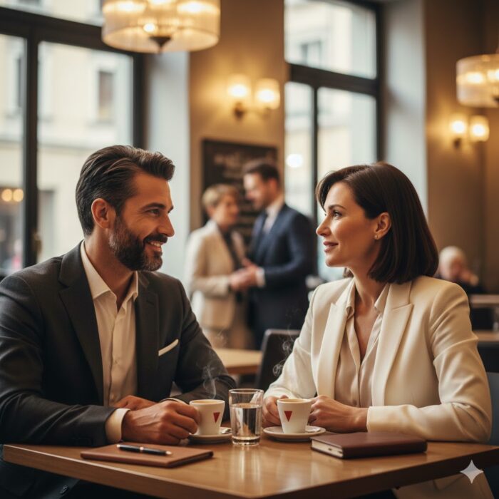 incontri-single-alto-livello-seri "Coppia di single di alto livello durante un incontro conoscitivo professionale".