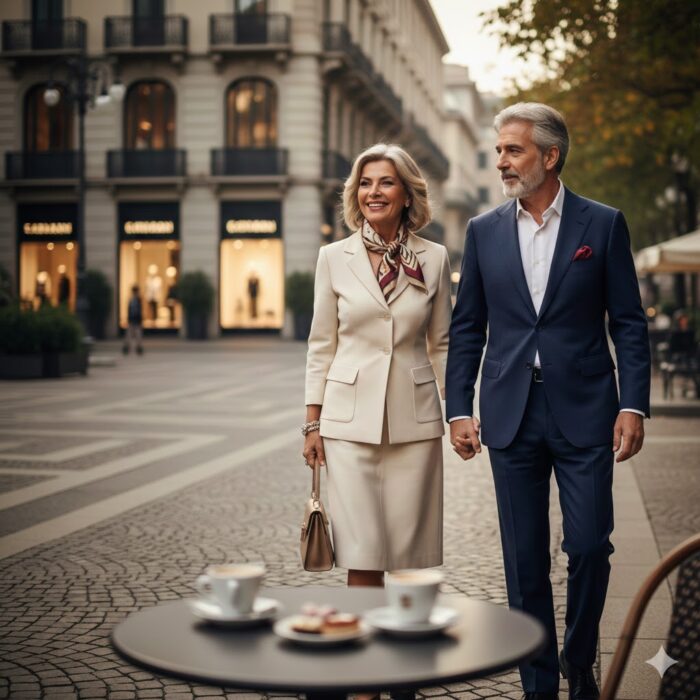 dating-sicurezza-garanzie-agenzia-matrimoniale-seria Coppia elegante di 50-60 anni che cammina sorridente a Milano, rappresentando il successo degli incontri con Completiamoci Italia agenzia matrimoniale seria e certificata.