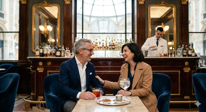 Coppia di single eleganti di circa 50 anni a Milano durante un incontro di matchmaking professionale organizzato da Completiamoci Italia