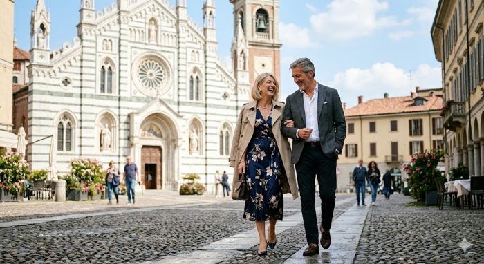 agenzia-matrimoniale-seria-Monza-Brianza Coppia elegante passeggia davanti al Duomo di Monza - Completiamoci Italia Matchmaking